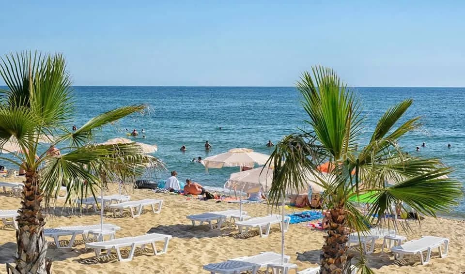 Palms and sun loungers on Obzor beach